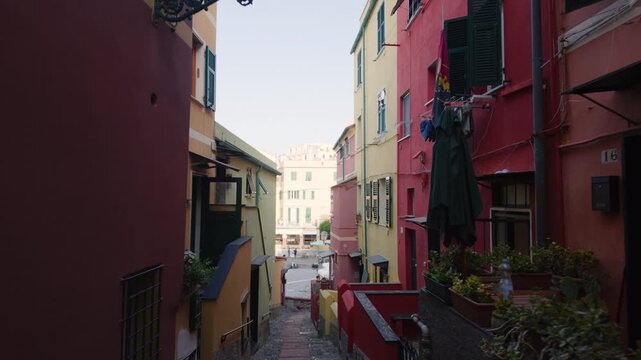 Narrow alley with colorful houses and plants leads toward a small square in Genoa