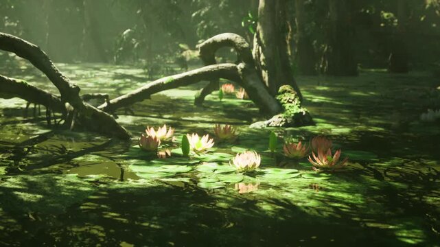Sunlit lily pond glowing with blooms, glassy water reflecting emerald canopy and delicate petals, field botanist study setting, gentle ripple, dewkissed