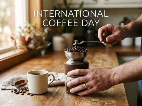 Person grinding fresh coffee beans with a vintage hand mill for international coffee day