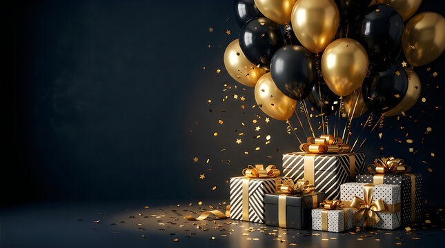 Luxury black and gold birthday celebration with balloons and gifts
