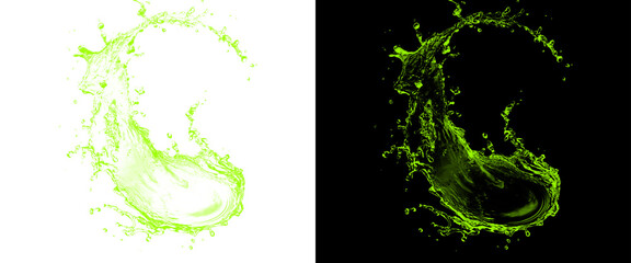 Obraz premium Green liquid splash in circular motion, dynamic lime juice splash on black and white backgrounds, refreshing beverage splash design element