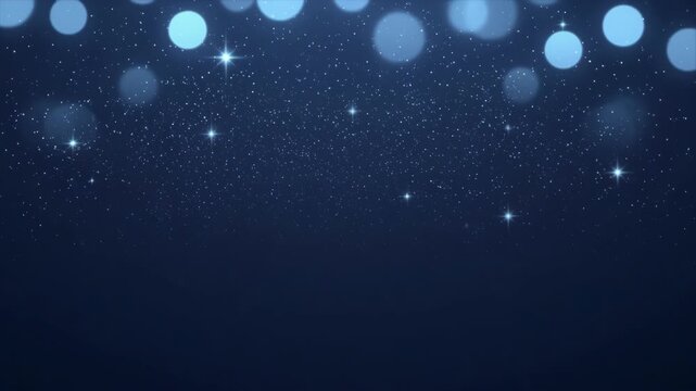 Blue background sparkle graphic with abstract light bokeh, star glow on dark backdrop for elegant festive abstract design and space scene