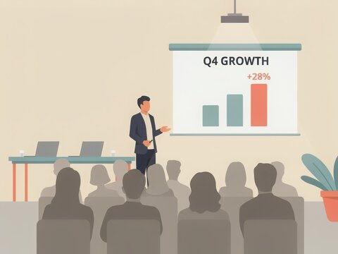 Business presentation showing Q4 growth with bar chart and audience
