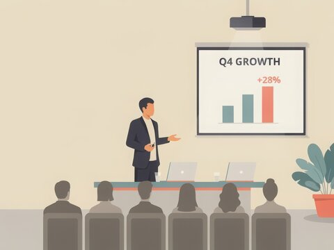 Businessman presenting Q4 growth bar chart to audience in meeting