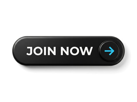 Black button with join now text and blue arrow icon isolated on white background