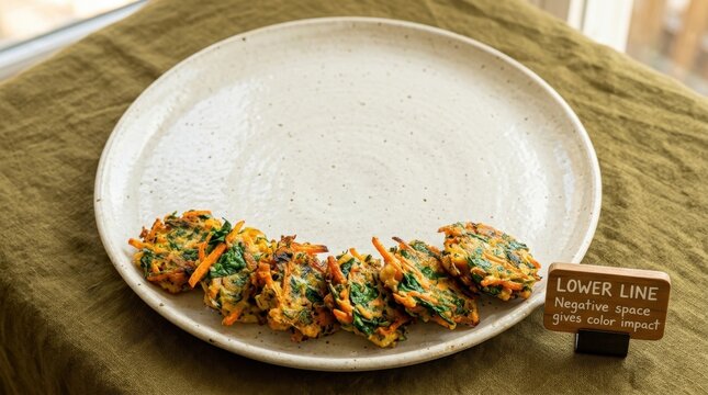 Healthy golden vegetable fritters made with carrots and spinach served on a white ceramic plate with minimalist negative space arrangement on a green tablecloth in natural light for food photography..