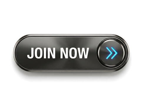 Black glossy button with join now text and blue arrow icon isolated on white background