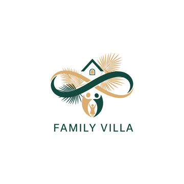 Family Villa Logo Design Template with Infinity Symbol, House Icon, Palm Leaves and Abstract Family Figures in Green and Gold Colors