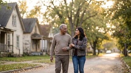 Fototapeta premium South Asian father and adult daughter walking through an old neighborhood during golden hour