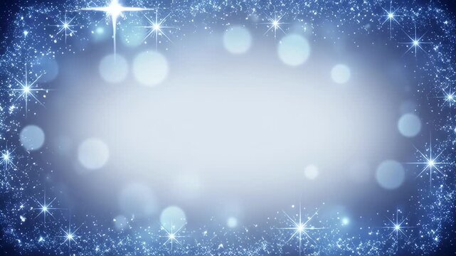 Graphic background sparkle blue glow light frame bokeh abstract winter festive decoration with soft blue bokeh and glowing star border, star field and bokeh create clean abstract space,