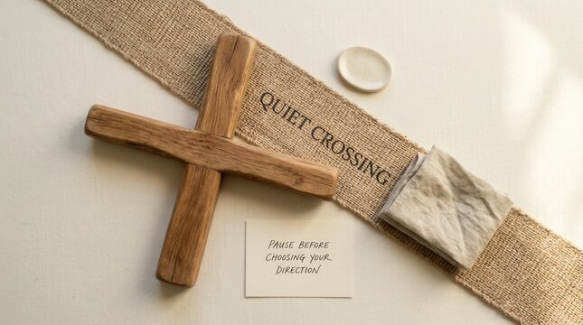 Minimalist wooden cross rests on a textured burlap ribbon with inspirational quote cards and soft linen, creating a peaceful atmosphere for spiritual reflection and mindful decision making moment