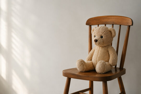 Teddy bear on wooden chair in soft daylight, nursery rhyme and learning concept