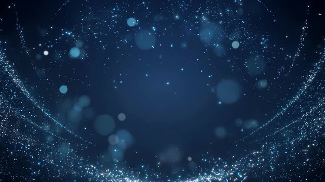 Sparkle graphic background with blue glow, abstract particle curve, soft light particles in dark abstract space for festive elegant design bokeh