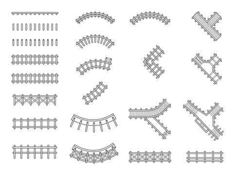 Wooden model railway track and fence vector set, modular elements