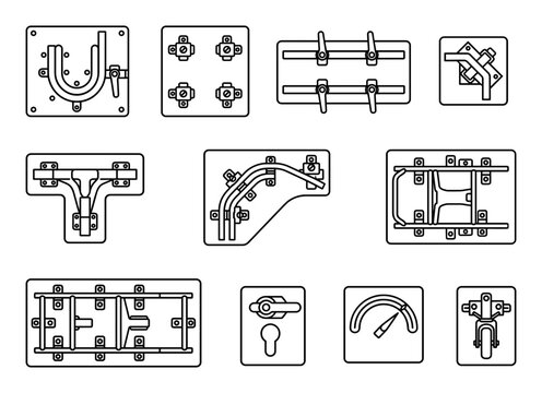 Wheelchair frame bending jig icons, industrial mechanical components grid