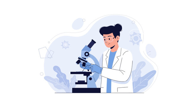 Scientist in Lab Coat Using Microscope, Vector Illustration for Science, Research, and Discovery Concepts