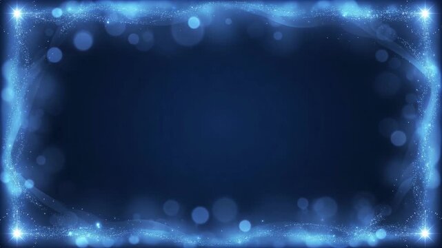 Blue sparkle graphic background with glowing frame, abstract dark space, soft bokeh, bright starburst corners, and elegant festive abstract design for SEO friendly visual title