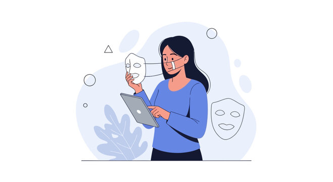 Woman Holding Mask to Face, Digital Identity, Social Media Persona, Self-Deception, Dual Nature, Vector Illustration