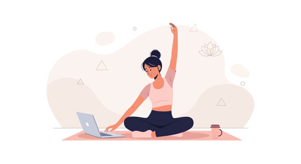 Fototapeta premium Woman doing online yoga at home, practicing mindfulness and fitness with a laptop and water bottle