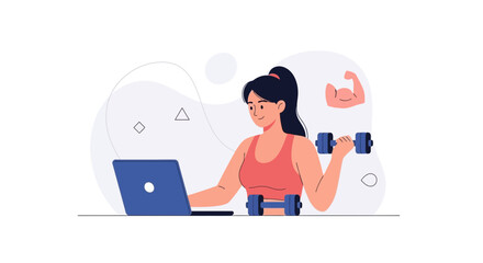 Obraz premium Woman exercising with dumbbells while watching online fitness class on laptop, conceptual illustration of home workout and healthy lifestyle