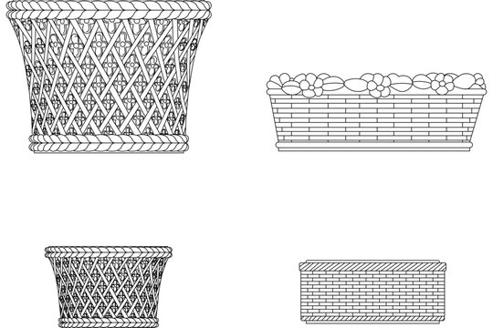 Technical architectural drawing showing various styles of woven wicker planters and flower pots, including a flared lattice-patterned basket and a rectangular woven planter box filled with floral 