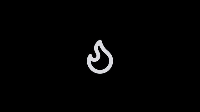 Minimalist white fire flame icon isolated on a solid black background.