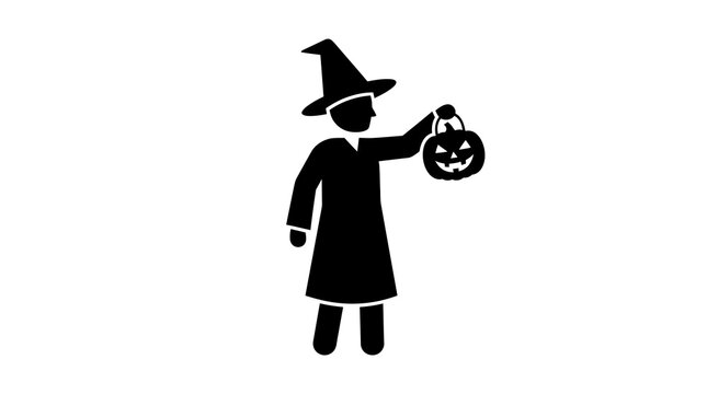 Iconic silhouette of a witch holding a jack-o'-lantern bucket, perfect for Halloween celebrations and trick-or-treat designs