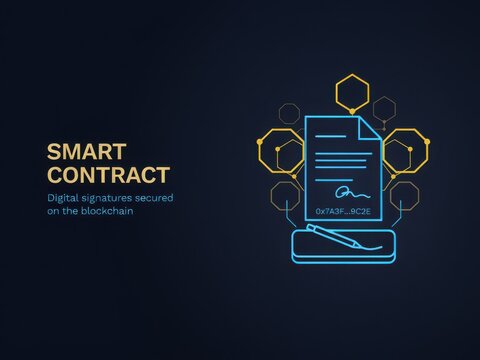 Smart contract illustration with blockchain network elements on dark background