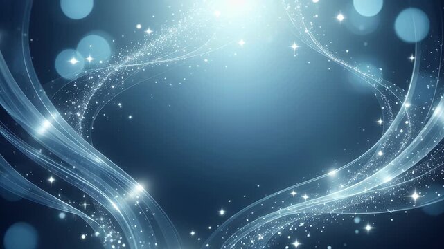 Abstract graphic background with sparkle, blue light swirl frame, glowing star dust, soft bokeh, elegant abstract blue wave background for banner or wallpaper, searchable digital art design