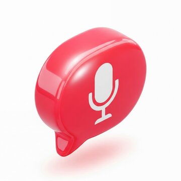 Red 3D Speech Bubble with White Microphone Icon Isolated on White Background for Voice Messaging and Podcast Communication Concepts