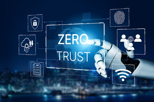 Futuristic Robotic Hand Interacting with Zero Trust Concept in Cybersecurity and Digital Environment at Night. Bitwise.