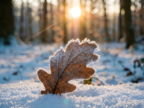 Red squirrel foraging in a snowy forest during a bright winter sunrise