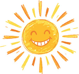 Hand-drawn smiling sun illustration, cheerful yellow sunshine character with rays, happy sun face doodle for kids and summer designs