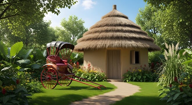 A traditional thatched hut with a red rickshaw in garden