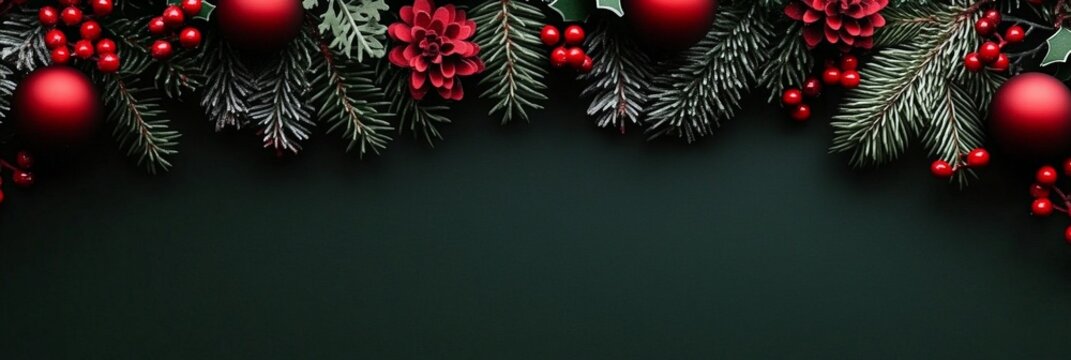 Decorative Christmas border made of fir branches with holly berry and bauble on dark background. Holiday greeting card template with empty space for text. Festive seasonal wallpaper.