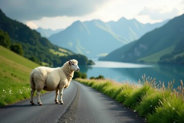 Obraz premium A lone sheep stands peacefully on a scenic roadway, overlooking a tranquil lake nestled amidst majestic mountains, bathed in the soft glow of sunlight.