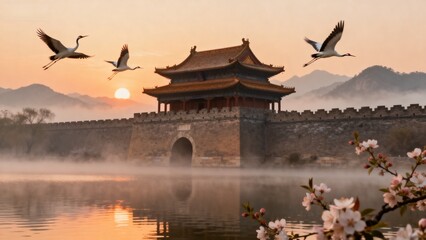 Obraz premium chinese temple at sunset