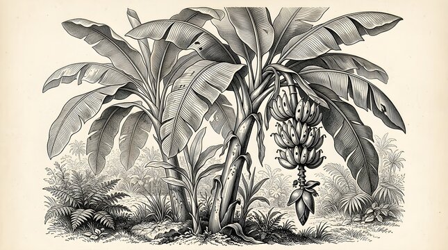 Antique engraving of banana tree bearing large bunch of bananas and broad tropical leaves