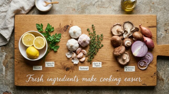 Various fresh cooking ingredients like lemon garlic and mushrooms arranged on a rustic wooden board with handwritten labels and text, showcasing the beauty of organic culinary items for healthy