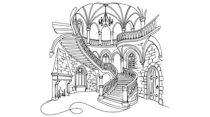 Fototapeta premium Gothic Castle Staircase Outline - Fantasy Architecture Illustration