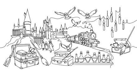 Fototapeta premium Magical School Scene: Castle, Train, Owls, Potions, Brooms, Suitcases - Line Art