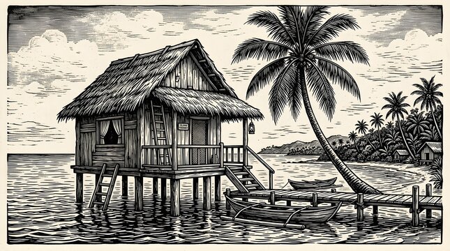Vintage engraving illustration of a tropical wooden stilt hut on water with palm tree, tropical