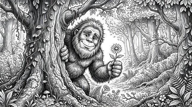 Vintage engraving illustration of a furry creature holding a flower in a dense forest