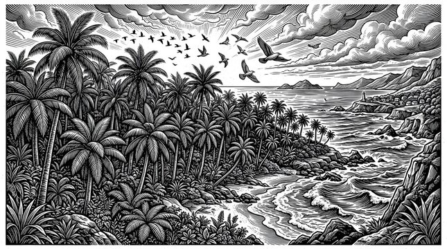 Vintage engraving illustration of a flock of birds flying over a lush tropical jungle