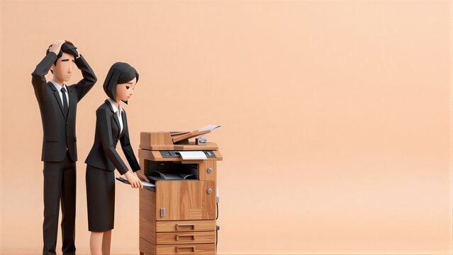 Two office workers, one stressed, use a copier in minimalist setting.