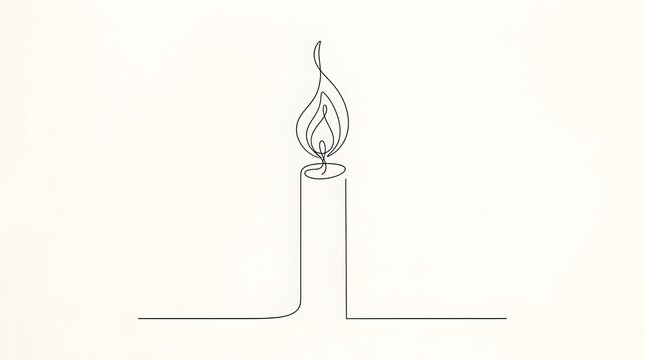 Single burning candle with flame line art illustration on white background, illumination