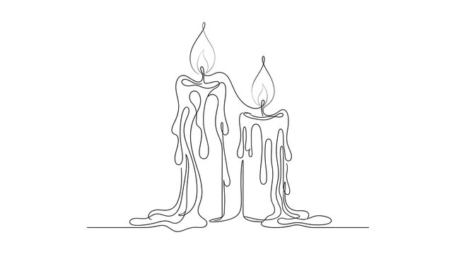 Two melting burning candles with bright flames and dripping wax line art illustration, isolated