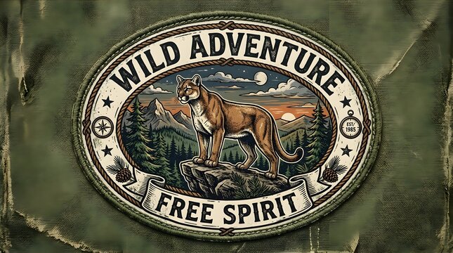 Wild adventure free spirit badge patch emblem featuring a mountain cat in wilderness, adventure