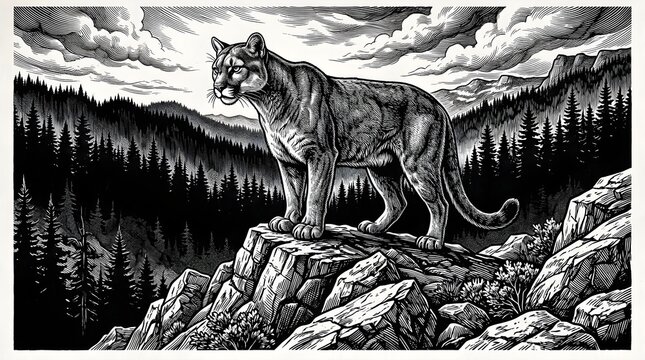 Mountain lion standing on rocky cliff in pine forest wilderness engraving illustration