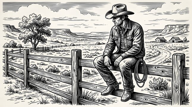 Lone cowboy sitting on wooden corral fence in western rural landscape drawing with landscape